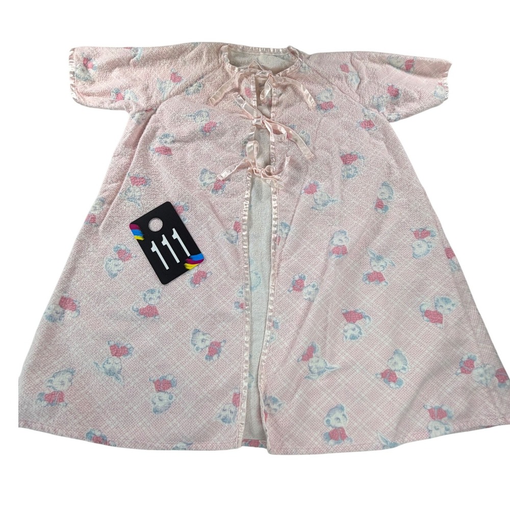 1960s Vintage Baby Layette Robe Bunnies Kitten Print Pink Satin Tie (Est 0-6mth)